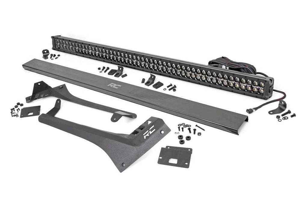 Jeep 50-Inch Straight LED Light Bar Upper Windshield Kit w/ Dual-Row Black Series LED White DRL 20-Up Gladiator JT 18-20 Wrangler JL Rough Country