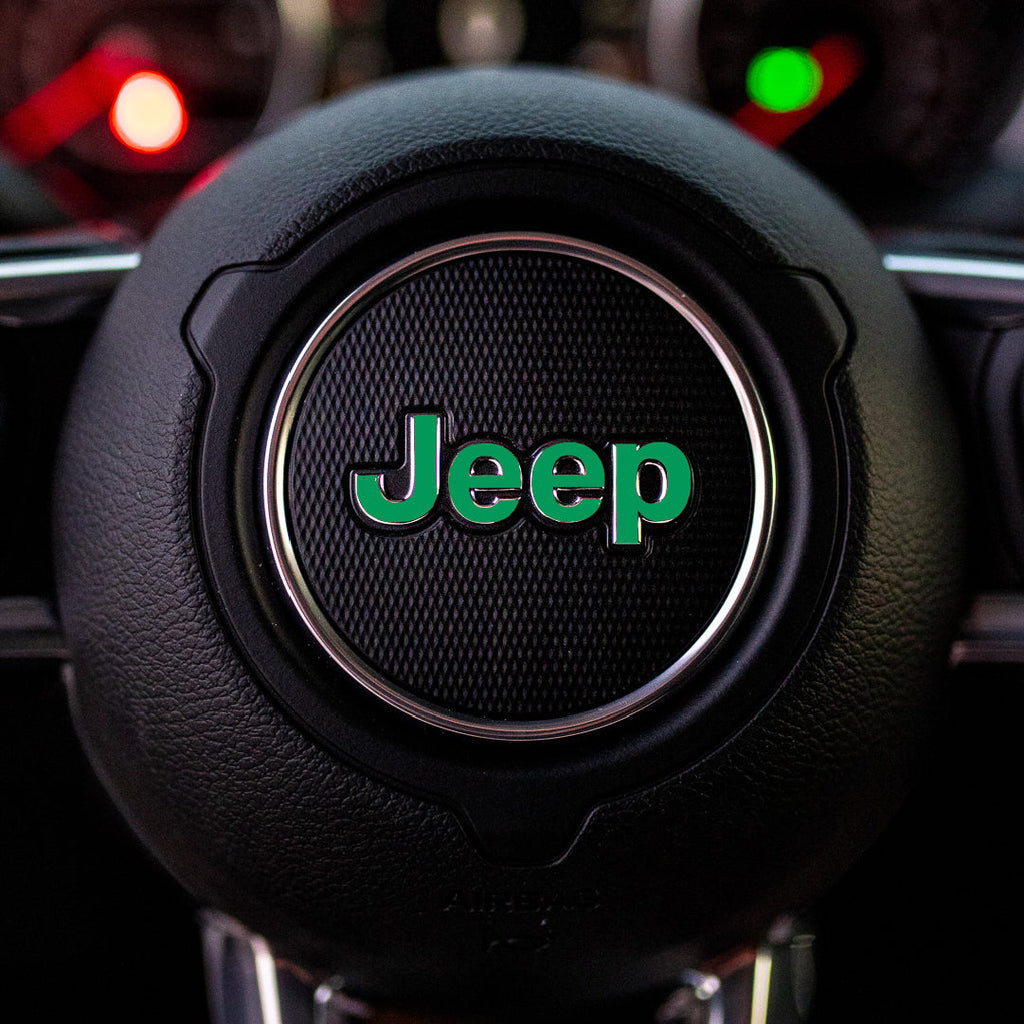 JEEP Steering Wheel Emblem Overlay Decal — 30+ Colors & Designs (Flag, Topo, Animal, Solid)