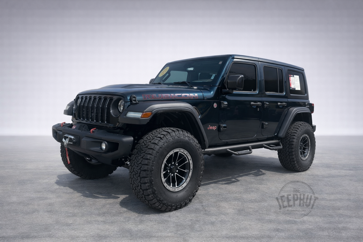 Black 2025 Jeep Wrangler Rubicon Offroad 515 Stage 1 Plus build with 37-inch tires, machined Lunatic wheels, N-Fab steps and WARN winch
