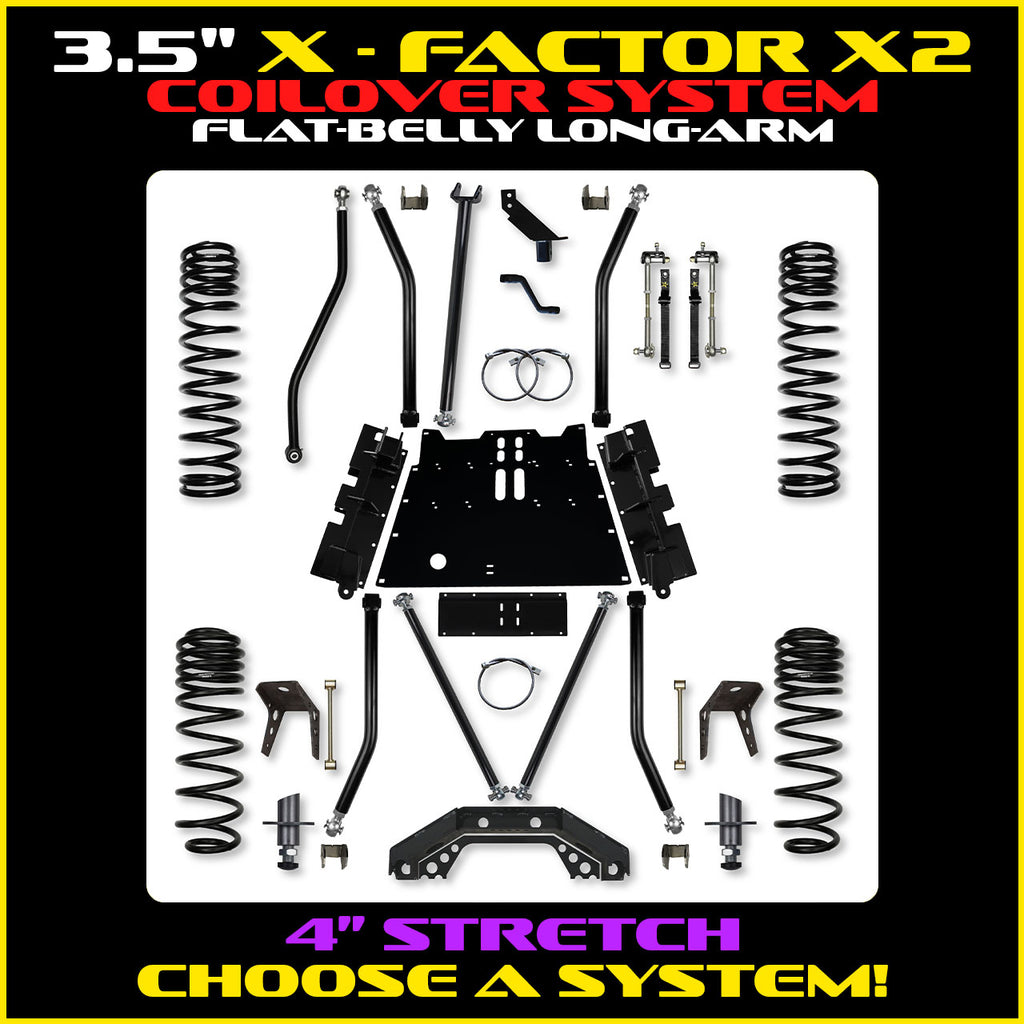 3.5 Inch X-Factor X2 Flat-Belly 4 Inch Stretch Long-Arm Suspension System For Jeep Wrangler LJ With No Shocks Rock Krawler