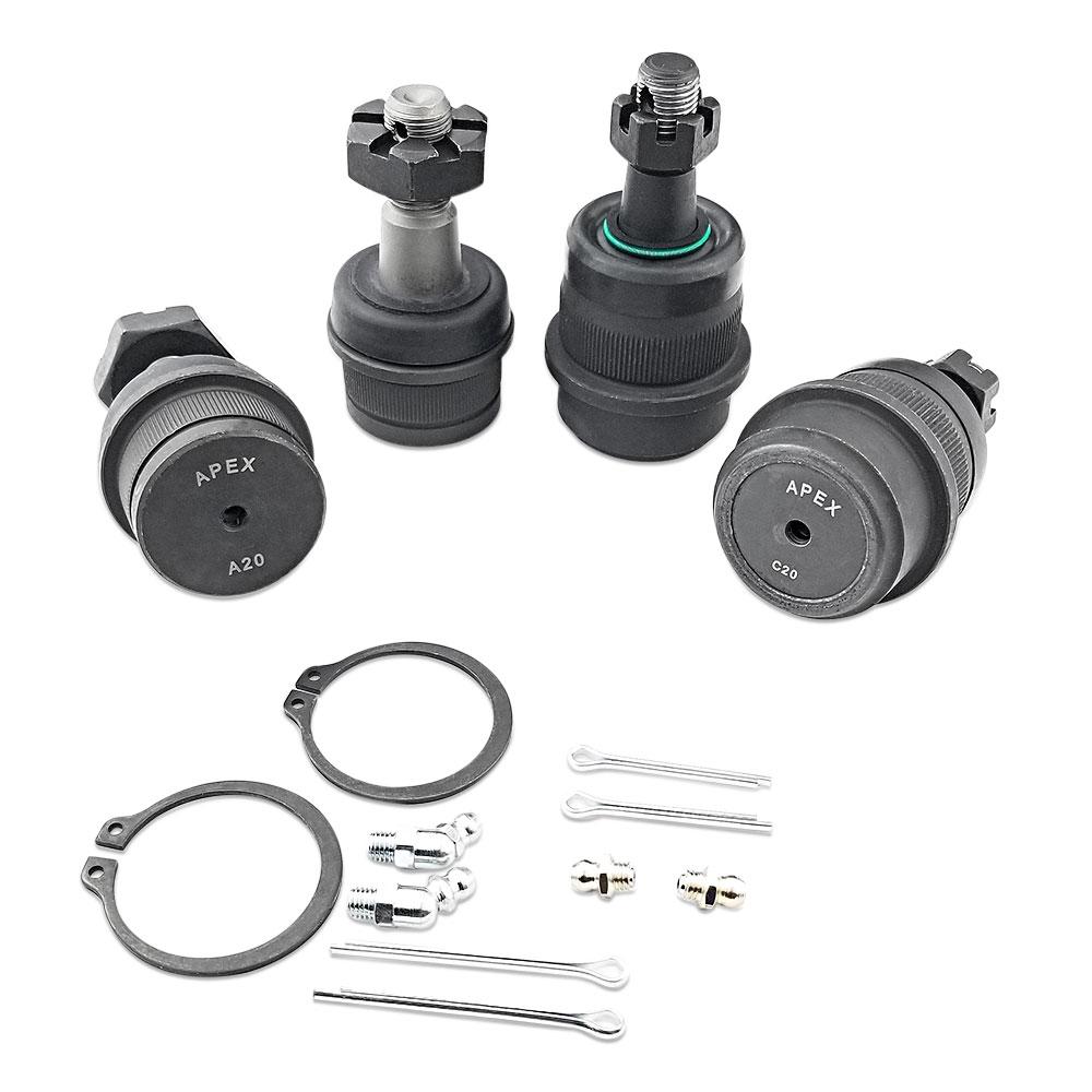 Apex Chassis Suspension Ball Joint Apex Chassis Heavy Duty Ball Joint Kit Fits: 90-01 Jeep Cherokee 90-92 Jeep Comanche 93-98 Jeep Grand Cherokee 97-06 Jeep Wrangler TJ 87-95 Jeep Wrangler YJ Includes: 2 Upper & 2 Lower - Apex Chassis - KIT103