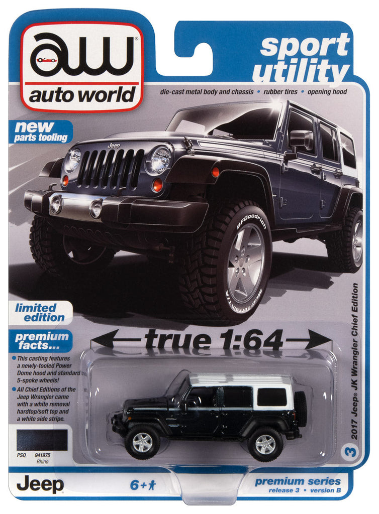 AutoWorld Diecast Model Auto World 2017 Jeep Wrangler Chief Edition (Rhino Body Color w/White Roof & White Side Stripe) 1:64 Diecast