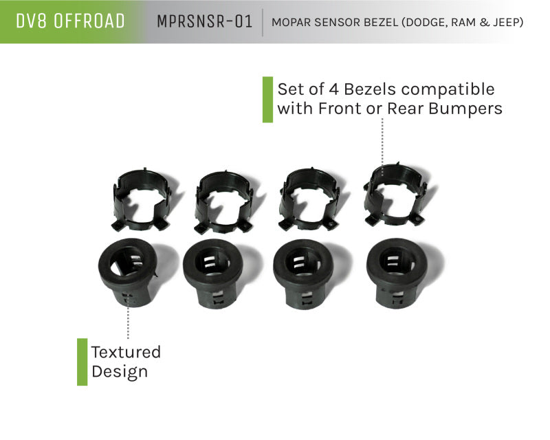 DV8 Offroad Dash & Interior Trim DV8 Offroad Jeep/Dodge/RAM Front Bezel & Rear Clip Replacement Kit for MOPAR Sensors - Set of 4