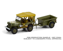 Load image into Gallery viewer, Greenlight Diecast Model Greenlight 1:64 Hitch &amp; Tow Series 22 - 1943 Willys MB Jeep with M5 Liquid Vesicant Detector Invasion Star and 1/4 Ton Cargo Trailer