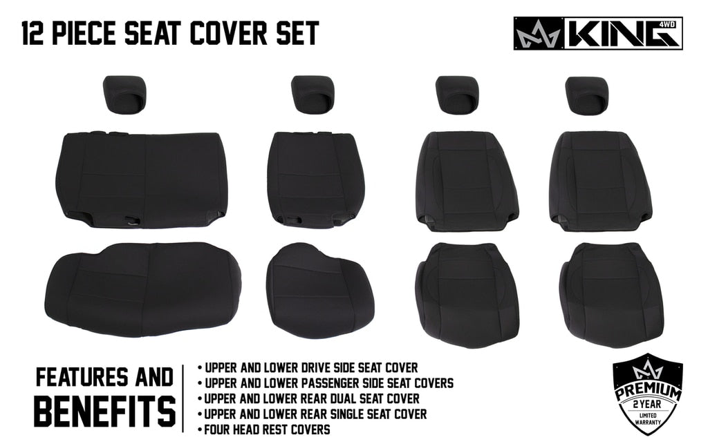King4WD Seat Cover Jeep JK Seat Covers 12 Piece Neoprene Seat Covers Black/Black For 13-18 Wrangler JK 4 Door King 4WD - King4WD - 11010201