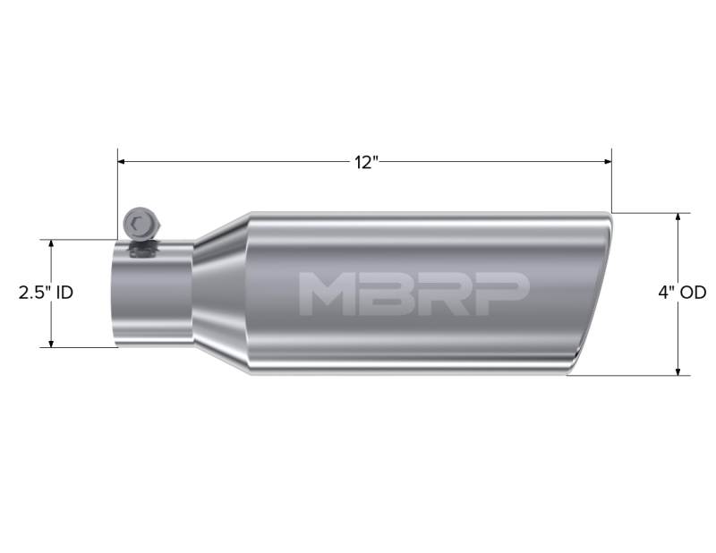 MBRP Steel Tubing MBRP Universal Tip 4in OD 2.5in Inlet 12in Length Angled Cut Rolled End Clampless No-Weld T304