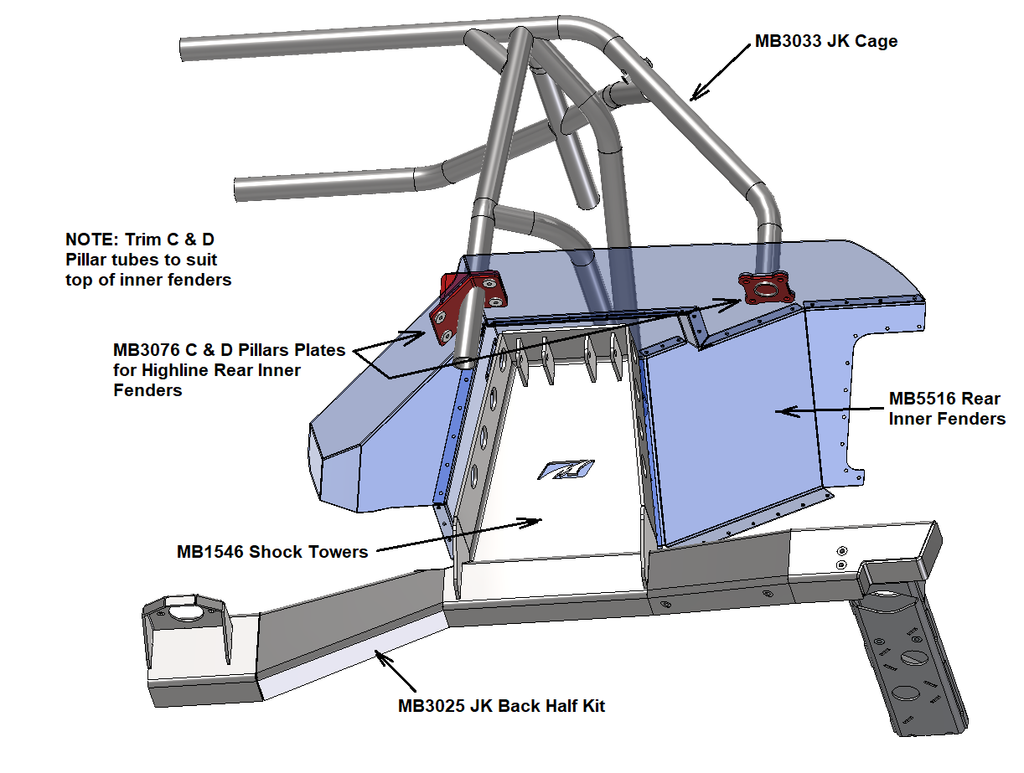 Motobilt Roll Cage Cage C & D Plates for JKU Rear Highline Inner Fenders Motobilt - MB3076 - Motobilt