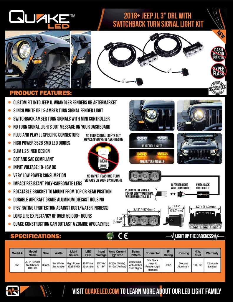 Quake LED Turn Signal Light 3 Inch Jeep Wrangler JL/Gladiator DRL Fender Lights w/Switchback Turn Signal - QTE956 - Quake LED