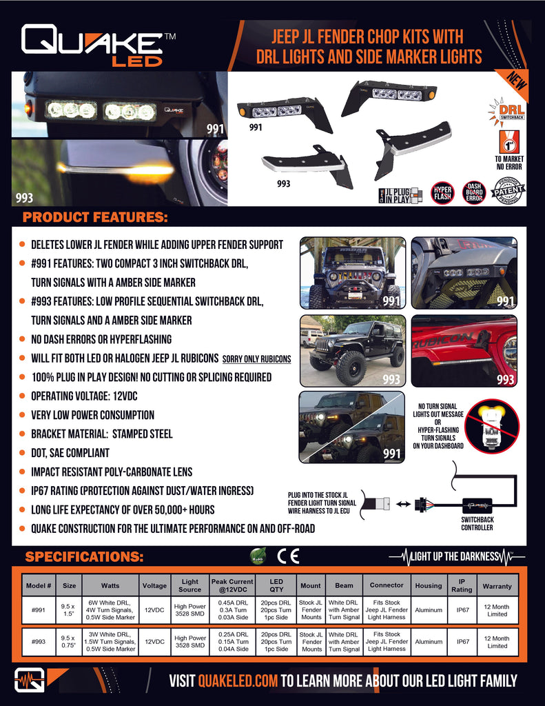 Quake LED Turn Signal Light Jeep JL Chop Kit Slim Drl Sequential Switchback Turn Signal And Side Marker - QTE993 - Quake LED