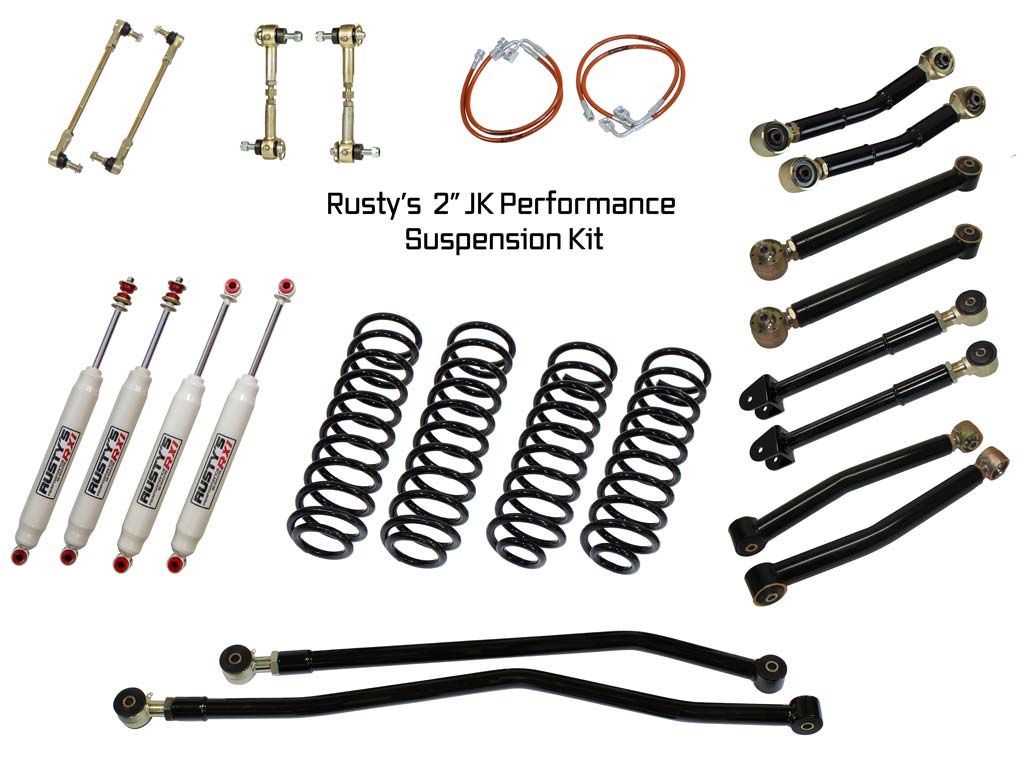 Rusty's Off Road Products RX100 Series (SKU: RX-27 / RX-26) / Adjustable Control Arms with Forged Rubber Ends (SKU: RC-CA211-JK / RC-CA221-JK / RC-CA212-JKJL / RC-CA222-JKJL) / 2007-2010 JK Wrangler Rusty's JK Wrangler 2" Performance Kit