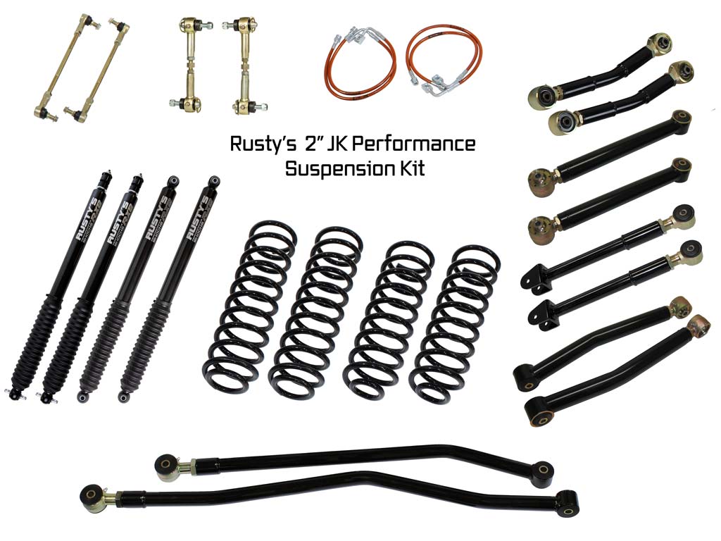 Rusty's Off Road Products RX800 Series (SKU: R-827 / R-826) / Adjustable Control Arms with Forged Rubber Ends (SKU: RC-CA211-JK / RC-CA221-JK / RC-CA212-JKJL / RC-CA222-JKJL) / 2007-2010 JK Wrangler Rusty's JK Wrangler 2" Performance Kit