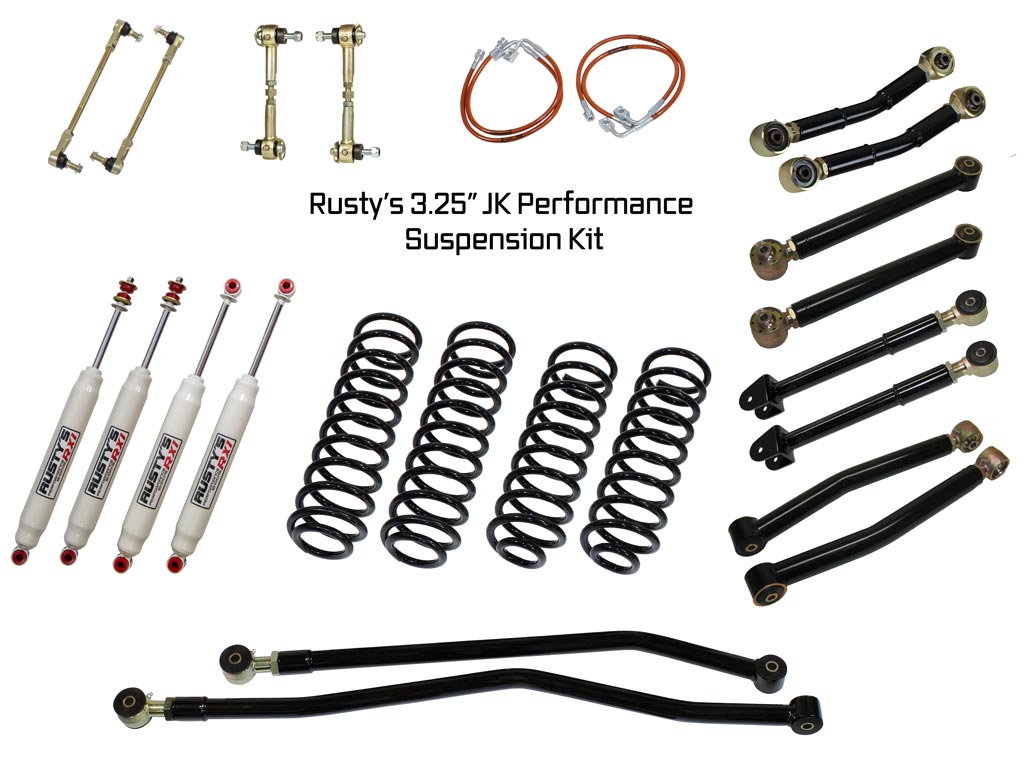Rusty's Off Road Products RX100 Series (SKU: RX-36 / RX-13) / Adjustable Control Arms with Forged Rubber Ends (SKU: RC-CA211-JK / RC-CA221-JK / RC-CA212-JKJL / RC-CA222-JKJL) / 2007-2010 JK Wrangler Rusty's JK Wrangler 3.25" Performance Kit