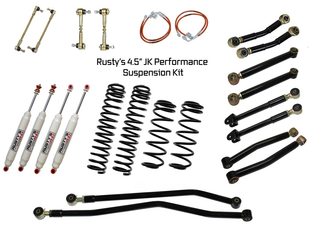 Rusty's Off Road Products RX100 Series (SKU: RX-16 / RX-13) / Adjustable Control Arms with Forged Rubber Ends (SKU: RC-CA211-JK / RC-CA221-JK / RC-CA212-JKJL / RC-CA222-JKJL) / 2007-2010 JK Wrangler Rusty's JK Wrangler 4.5" Performance Kit
