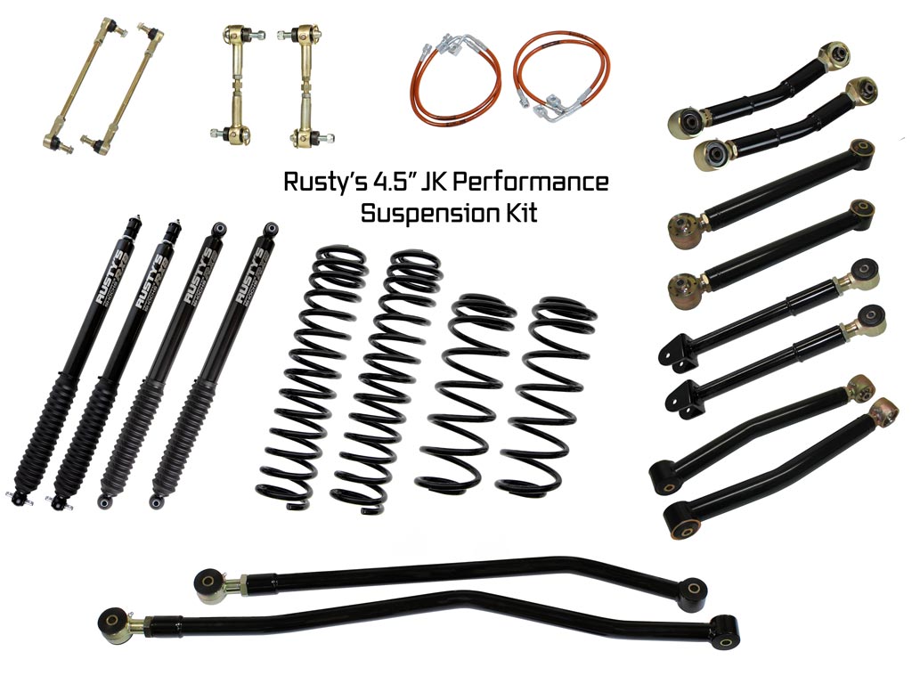 Rusty's Off Road Products RX800 Series (SKU: R-816 / R-813) / Adjustable Control Arms with Forged Rubber Ends (SKU: RC-CA211-JK / RC-CA221-JK / RC-CA212-JKJL / RC-CA222-JKJL) / 2007-2010 JK Wrangler Rusty's JK Wrangler 4.5" Performance Kit