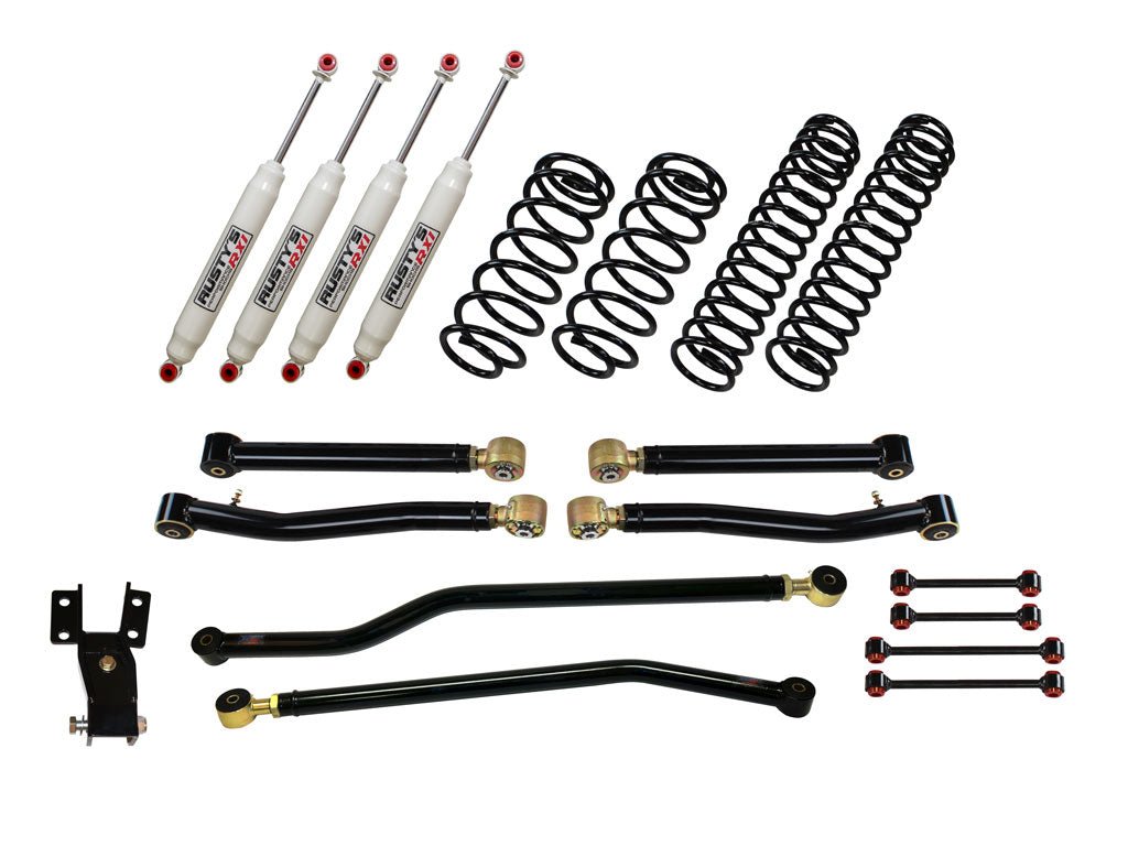 Rusty's Off Road Products Front and Rear Adjustable Lower Control Arms with Forged Rubber Ends (SKU: RC-CA211HC-JLJT / RC-CA212-JKJL) / RX100 Series (SKU: R-123 / R-118) / 2018 - 2023 Gasoline Engine Rusty's JL Wrangler 3" Performance Kit