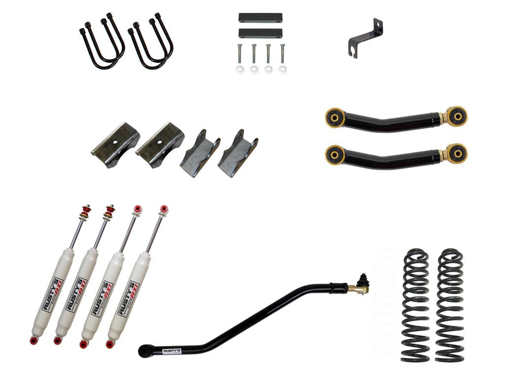 Rusty's Off Road Products RX100 Series (SKU: RX-36 / RX-11) / Adjustable Control Arms with Forged Rubber Ends (SKU: RC-CA211-UV) / Dana 35 / Dana 44 (SKU: RC-UB-2) Rusty's MJ Comanche 4.5" Spring-Over Kit