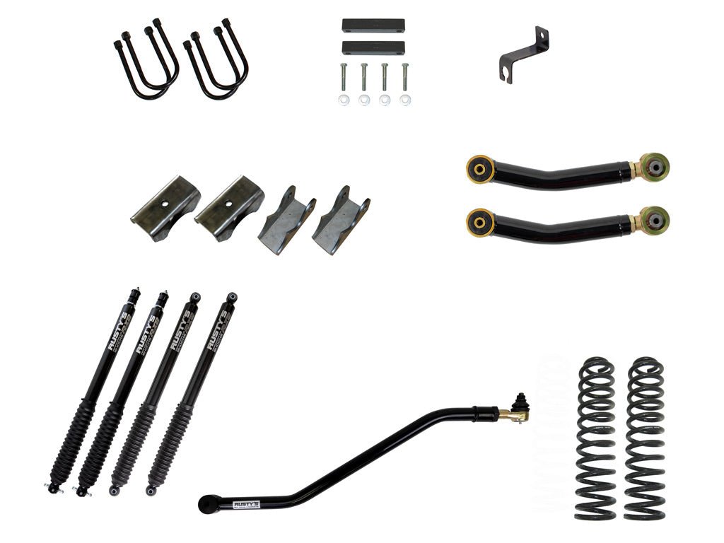 Rusty's Off Road Products RX800 Series (SKU: R-836 / R-811) / Adjustable Control Arms with Forged Flex Ends (SKU: RC-CA411-UV) / Dana 35 / Dana 44 (SKU: RC-UB-2) Rusty's MJ Comanche 4.5" Spring-Over Kit