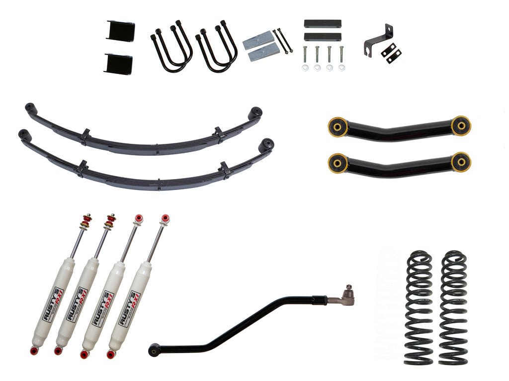 Rusty's Off Road Products RX100 Series (SKU: RX-36 / RX-11) / Fixed Lower Control Arms (SKU: RC-CA111-UV) / Dana 35 / Dana 44 (SKU: RC-UB-2) Rusty's MJ Comanche 4.5" Spring Pack Kit