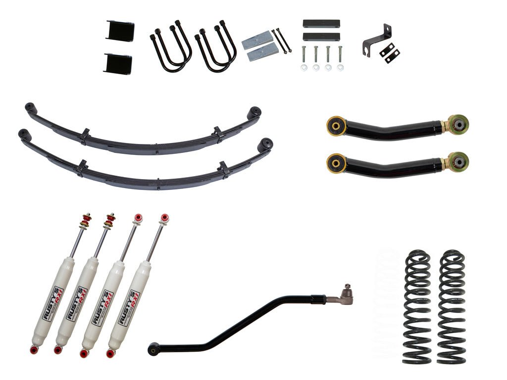 Rusty's Off Road Products RX100 Series (SKU: RX-36 / RX-11) / Adjustable Control Arms with Forged Flex Ends (SKU: RC-CA411-UV) / Dana 35 / Dana 44 (SKU: RC-UB-2) Rusty's MJ Comanche 4.5" Spring Pack Kit