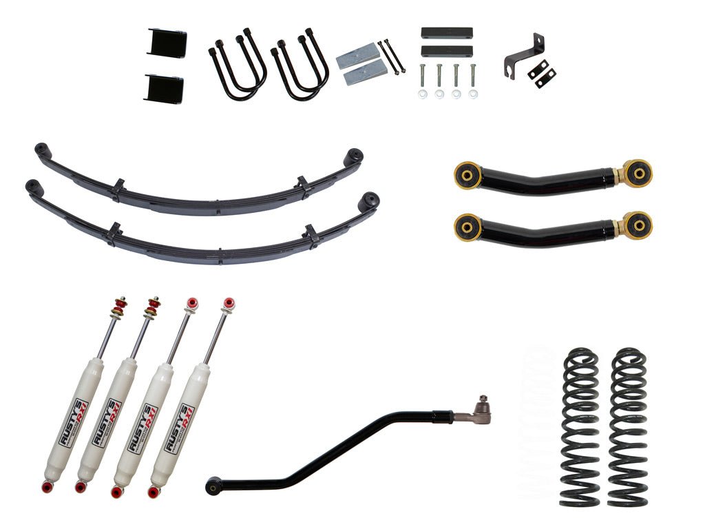 Rusty's Off Road Products RX100 Series (SKU: RX-36 / RX-11) / Adjustable Control Arms with Forged Rubber Ends (SKU: RC-CA211-UV) / Dana 35 / Dana 44 (SKU: RC-UB-2) Rusty's MJ Comanche 4.5" Spring Pack Kit