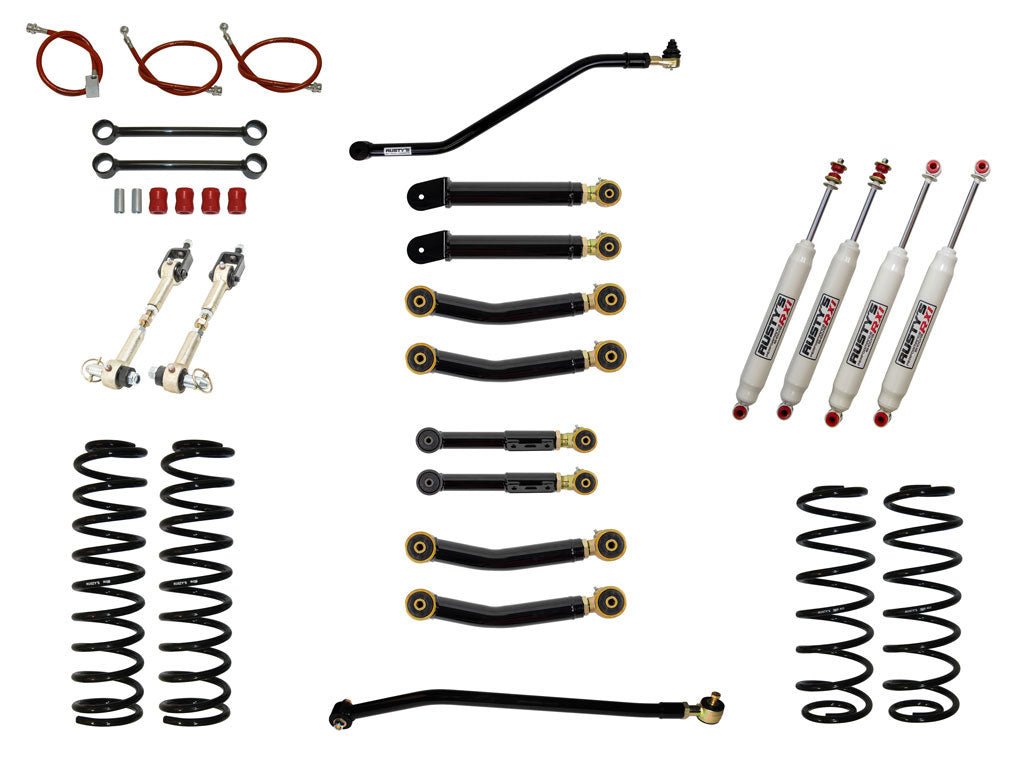 Rusty's Off Road Products RX100 Series (SKU: RX-27 / RX-26) / Adjustable Control Arms with Forged Rubber Ends (SKU: RC-CA211-UV / RC-CA221-UV / RC-CA211-UV / RC-CA222-UV) Rusty's TJ / LJ Wrangler 2" Advanced Kit