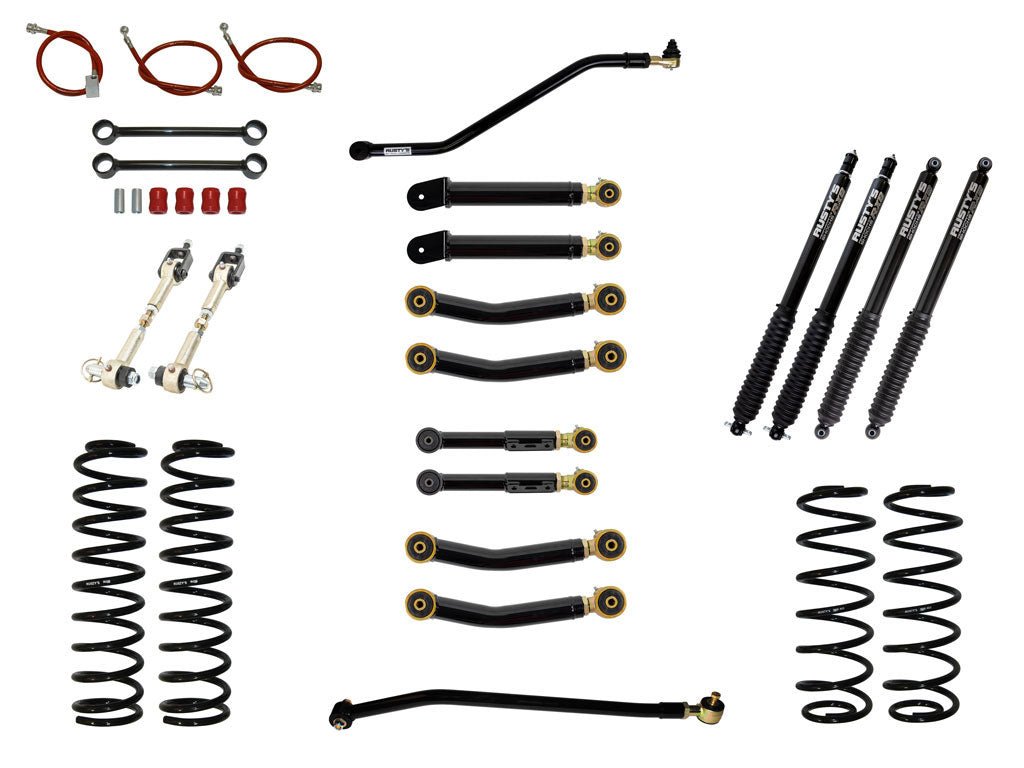 Rusty's Off Road Products RX800 Series (SKU: R-827 / R-864) / Adjustable Control Arms with Forged Rubber Ends (SKU: RC-CA211-UV / RC-CA221-UV / RC-CA211-UV / RC-CA222-UV) Rusty's TJ / LJ Wrangler 2" Advanced Kit
