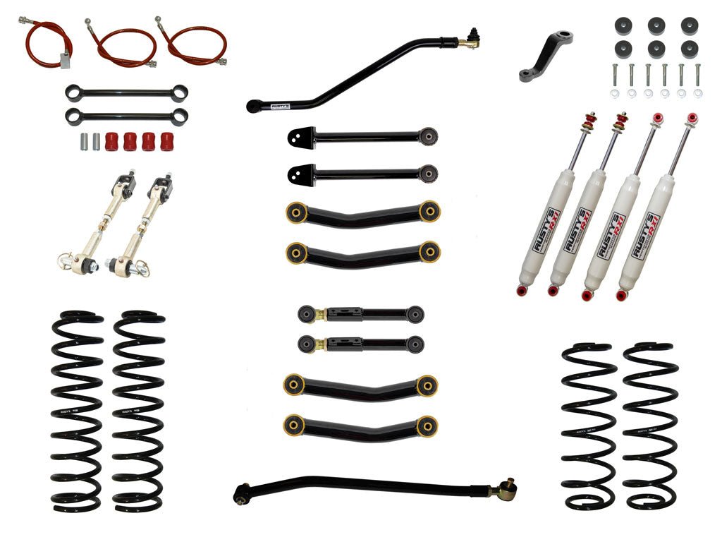 Rusty's Off Road Products RX100 Series (SKU: RX-27 / RX-26) / Standard (150lb/in) (SKU: RC-CS300-TJ) / Fixed Length Control Arms (SKU: RC-CA111-UV / RC-CA121-UV / RC-CA111-UV / RC-CA222-UV) Rusty's TJ / LJ Wrangler 3" Advanced Kit