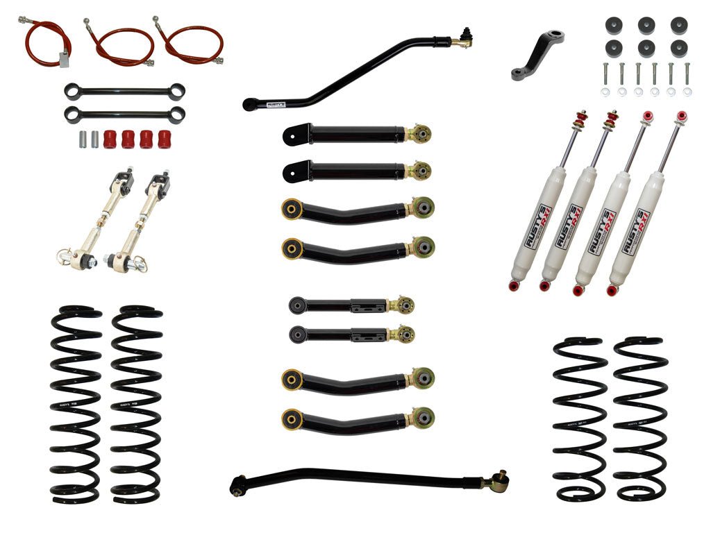 Rusty's Off Road Products RX100 Series (SKU: RX-27 / RX-26) / Standard (150lb/in) (SKU: RC-CS300-TJ) / Adjustable Control Arms with Forged Flex Ends (SKU: RC-CA411-UV / RC-CA421-UV / RC-CA411-UV / RC-CA422-UV) Rusty's TJ / LJ Wrangler 3" Advanced Kit