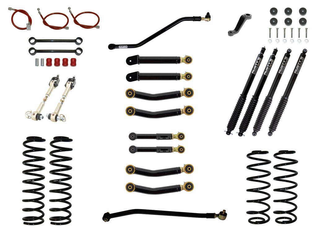 Rusty's Off Road Products RX800 Series (SKU: R-827 / R-864) / Standard (150lb/in) (SKU: RC-CS300-TJ) / Adjustable Control Arms with Forged Rubber Ends (SKU: RC-CA211-UV / RC-CA221-UV / RC-CA211-UV / RC-CA222-UV) Rusty's TJ / LJ Wrangler 3" Advanced Kit