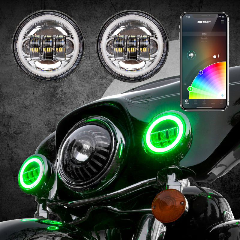 XKGLOW Headlights XK Glow 4.5In Chrome RGB LED Harley Running Light XKchrome Bluetooth App Controlled Kit