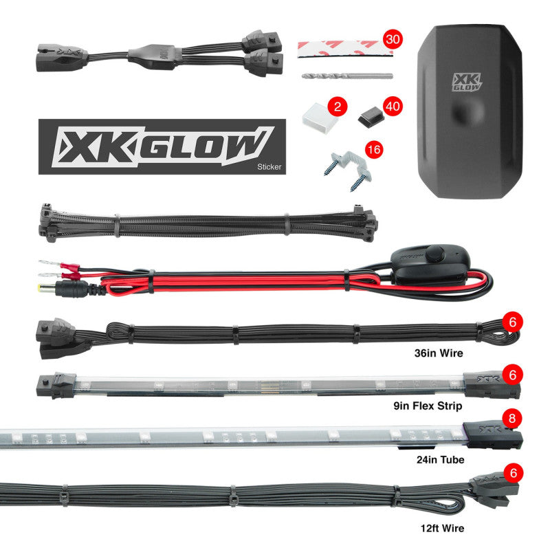 XKGLOW Light Accessories and Wiring XK Glow Flex Strip Million Color XKCHROME Smartphone App Undercar Kit 8x24In Slim Tube + 6x10In