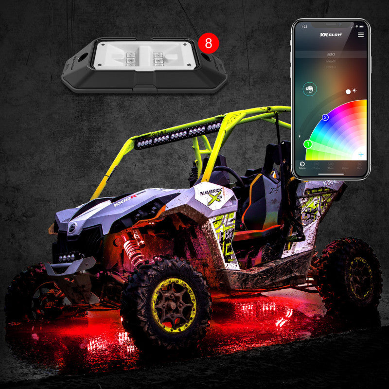 XKGLOW Light Bars & Cubes XK Glow Rock Light w/ XKchrome App Controlled Bluetooth Advanced Kit 8pc RGB 6W
