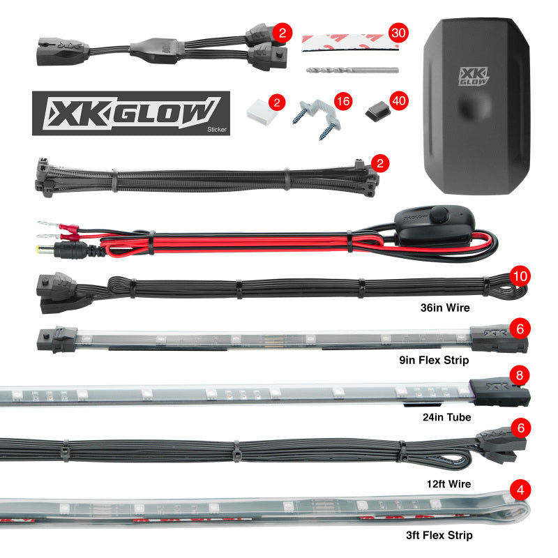 XKGLOW Light Accessories and Wiring XK Glow Strip Million Color XKCHROME App Undercar Kit (8x24In Tube + 6x10In Strip + 4x36In)