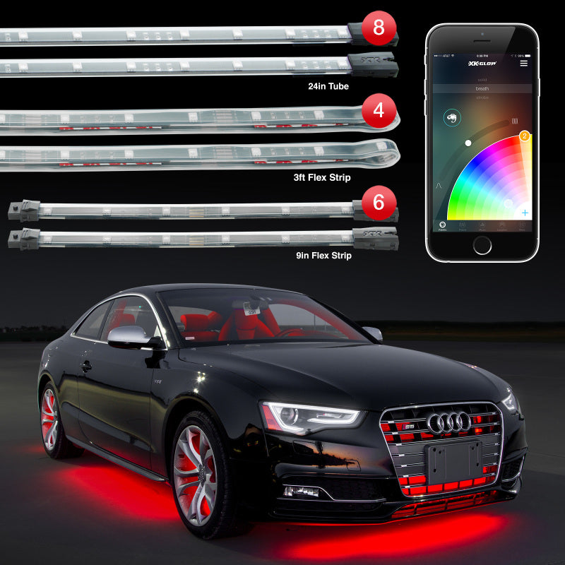 XKGLOW Light Accessories and Wiring XK Glow Strip Million Color XKCHROME App Undercar Kit (8x24In Tube + 6x10In Strip + 4x36In)