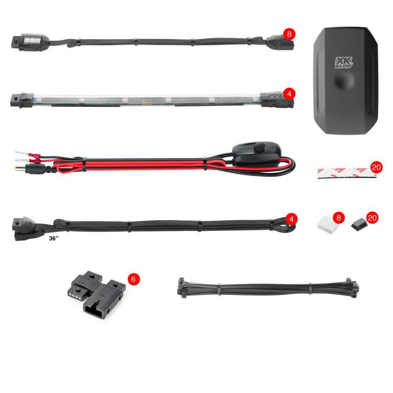 XKGLOW Light Accessories and Wiring XK Glow Strip Million Color XKCHROME Smartphone App ATV/Motorcycle LED Light Kit 8xPod + 4x10In